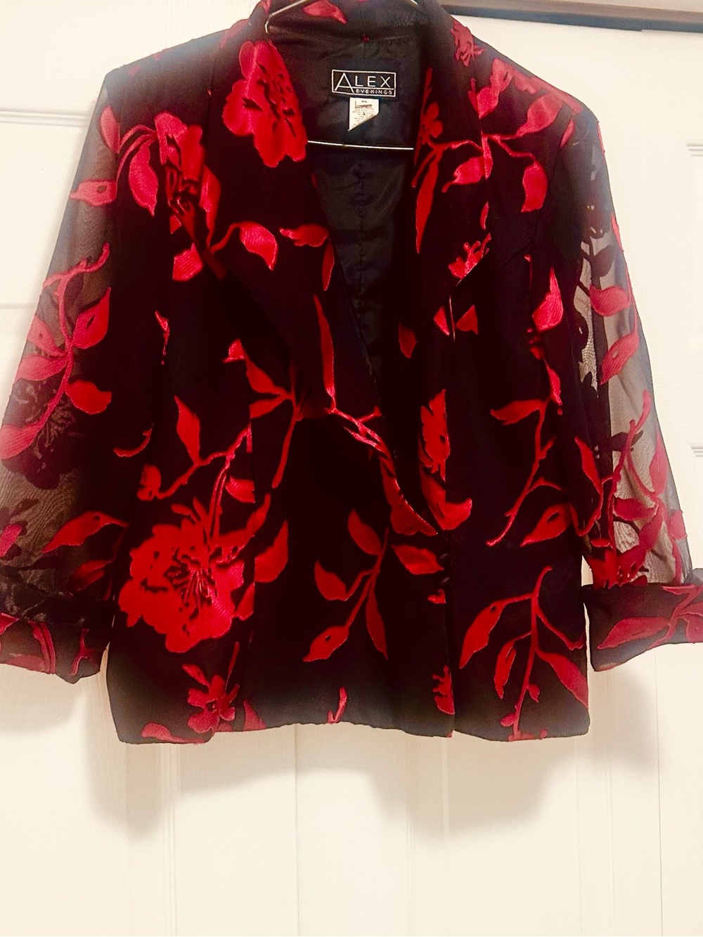 Alex Evenings Black Jacket with Red Floral Burnout - Picture 8 of 8